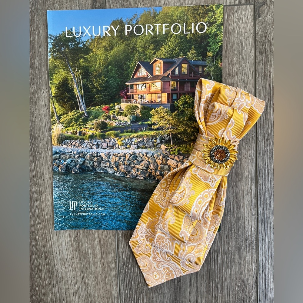 Elegant Yellow Paisley Patterned Silk Tie Necklace with Brooch by Bougie Rouge